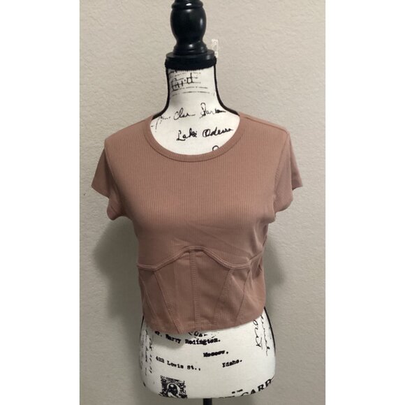 Mixed Threads Ribbed Brown Short-Sleeve Crop Top Size XL - Picture 2 of 5